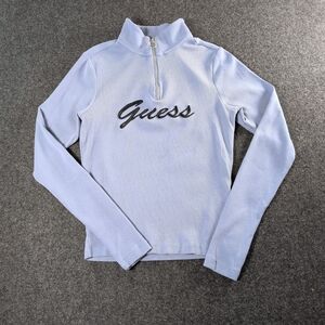 Guess Half-Zip Ribbed Top Light Blue Logo Embroidered Vintage Y2K S